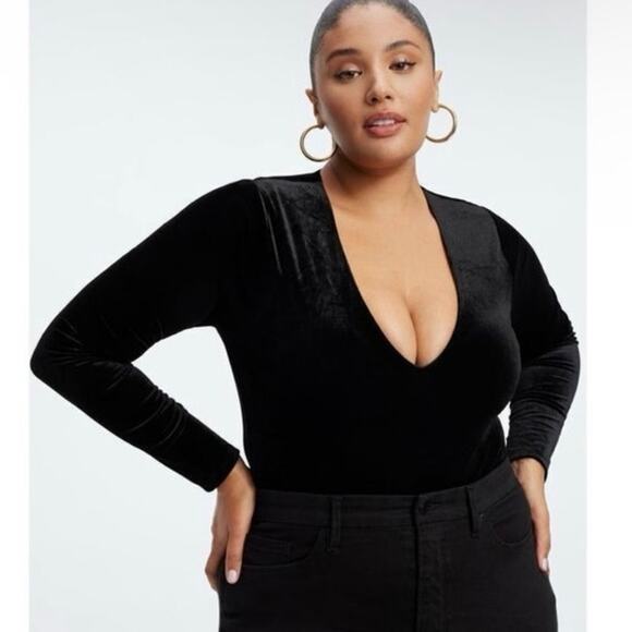Good American VNeck Black Velvet Long Sleeve Thong Bodysuit Size XL Goth Grunge - Picture 1 of 8